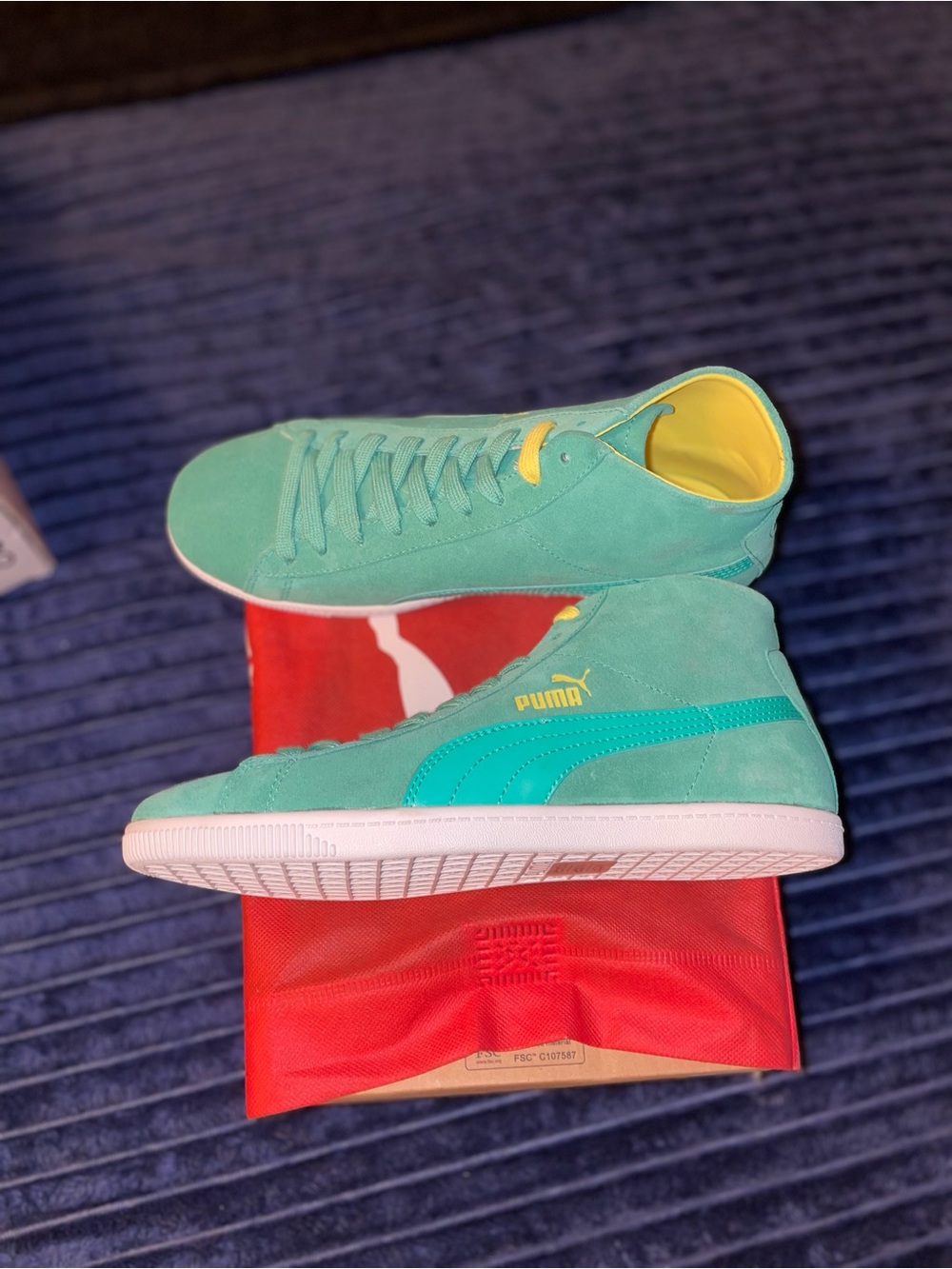 Puma Teal Suede Mid-Top Sneakers with Yellow Inner